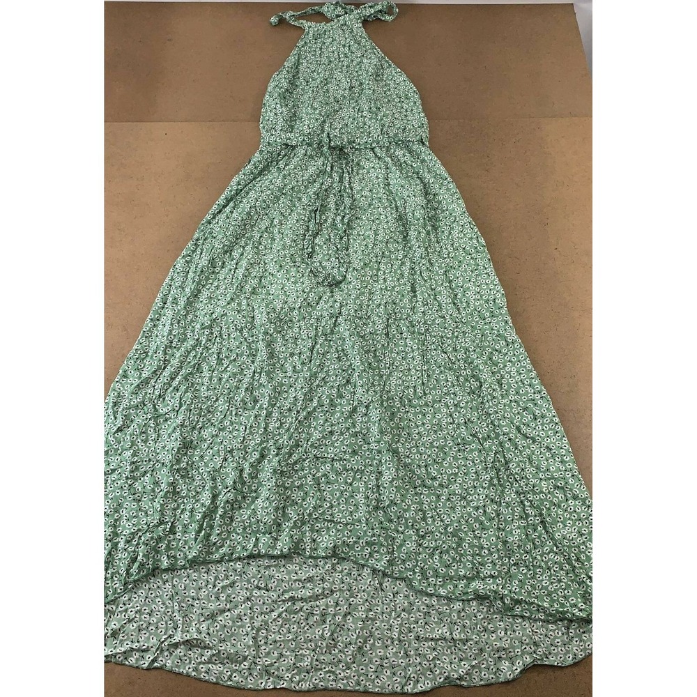Temofon Womens A Line Maxi Dress Green Floral Belted Halter Sleeveless XL New